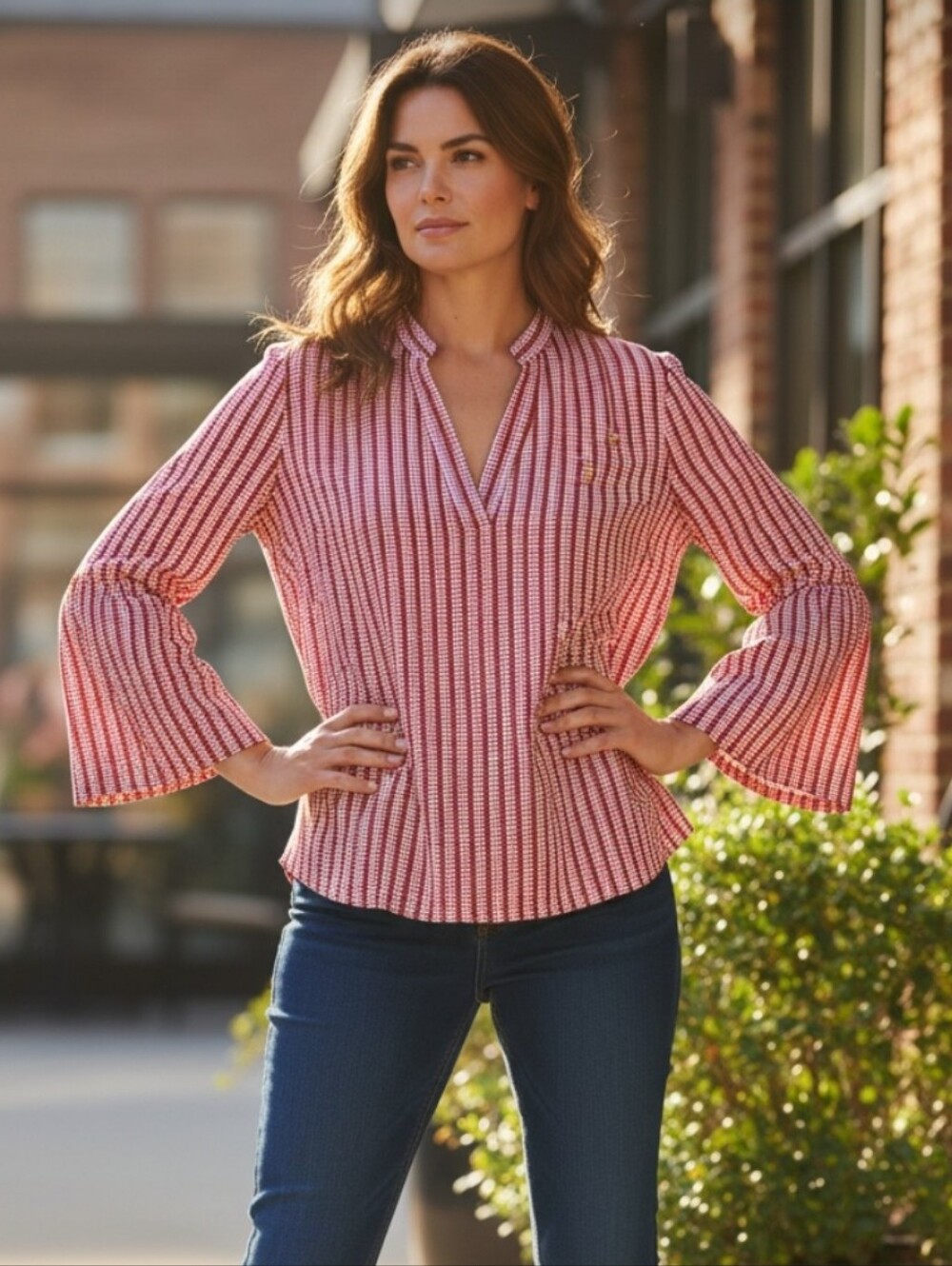 Women’s Pink Stripe Bell-Sleeve Blouse - Classic Casual Top